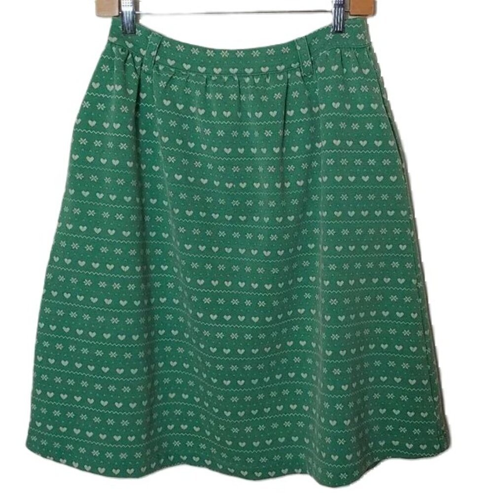 Modcloth Skirt Novelty Print Heart Retro Comme Toi Boho Pockets Green